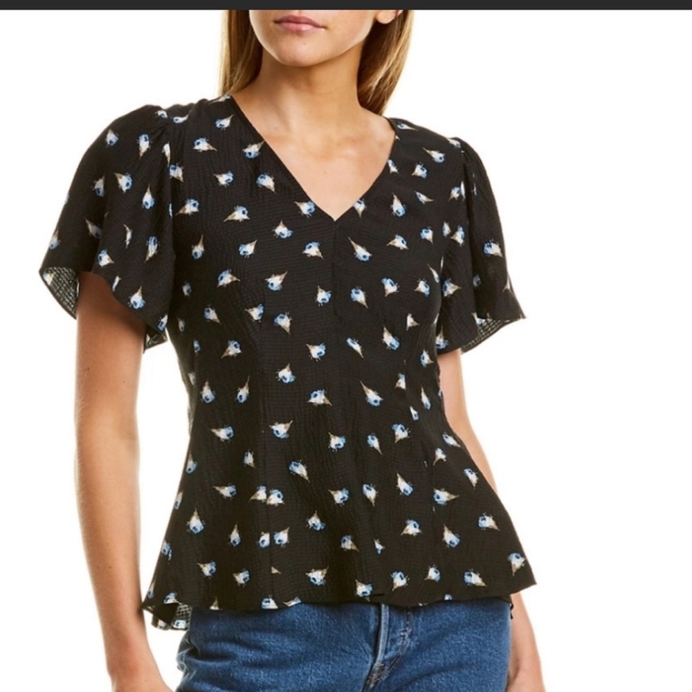 Rebecca Taylor Brigette Fleur Hammered Silk Top in Black Combo